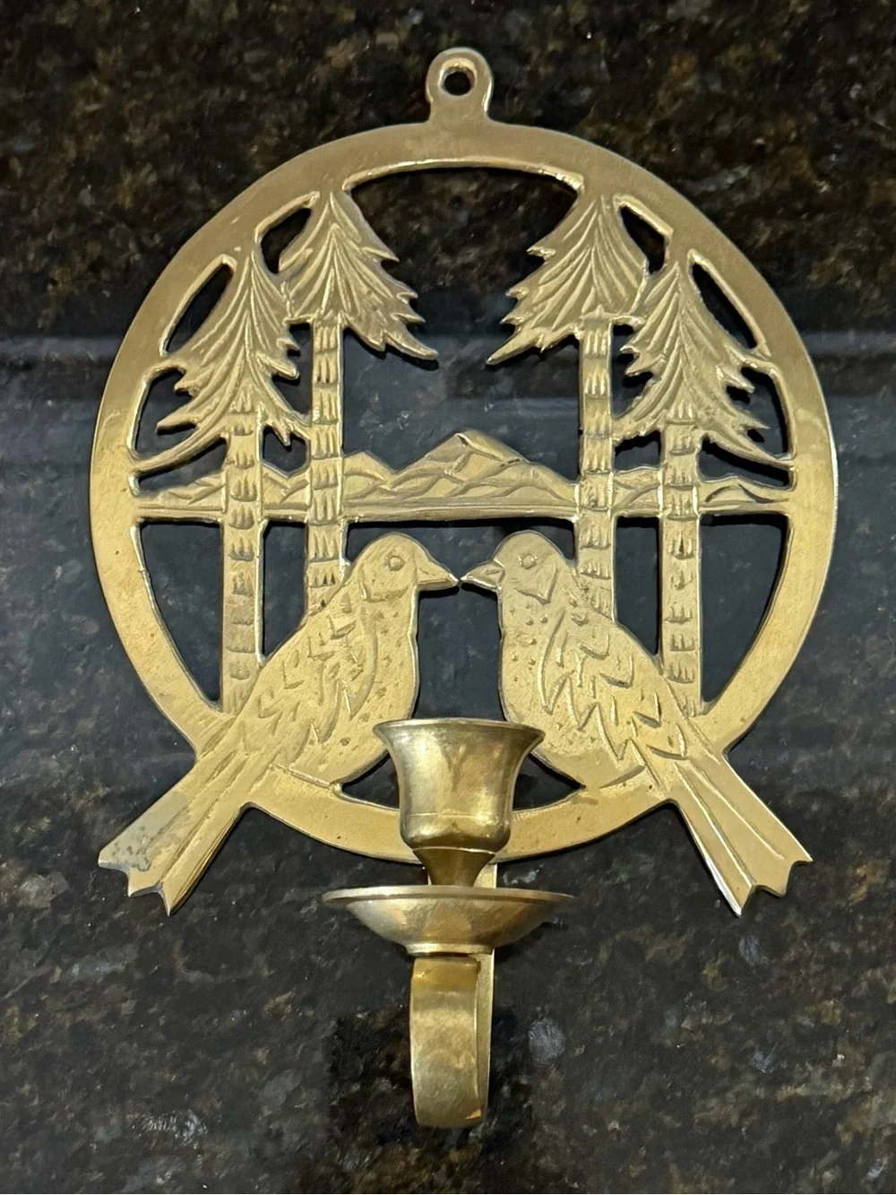 Vintage Solid Brass Birds & Pines Wall Candle Sconce – Made in India